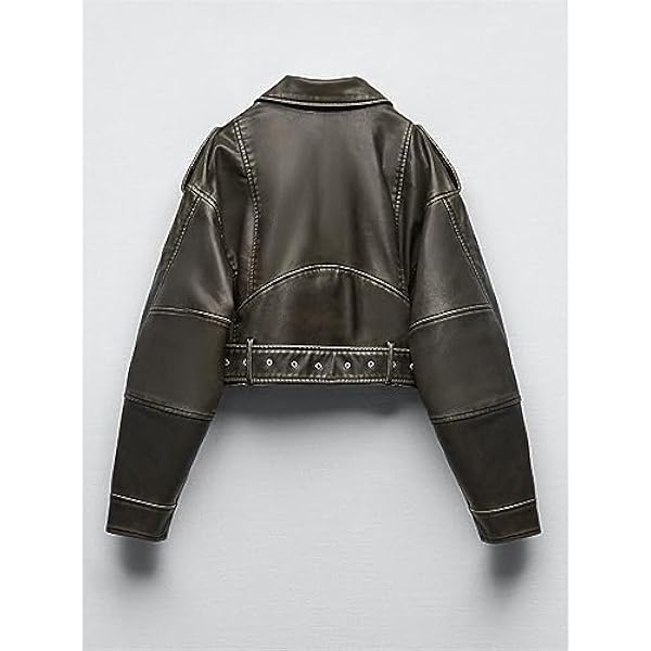 Adhdyuud Vrouwen Moto Biker Korte Pu Jas Herfst Streetwear Vintage Revers Rits Faux Lederen Jas Met Riem